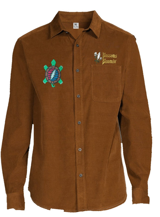 Blossoms Bloomin' Brown Corduroy Button Down Front View. 